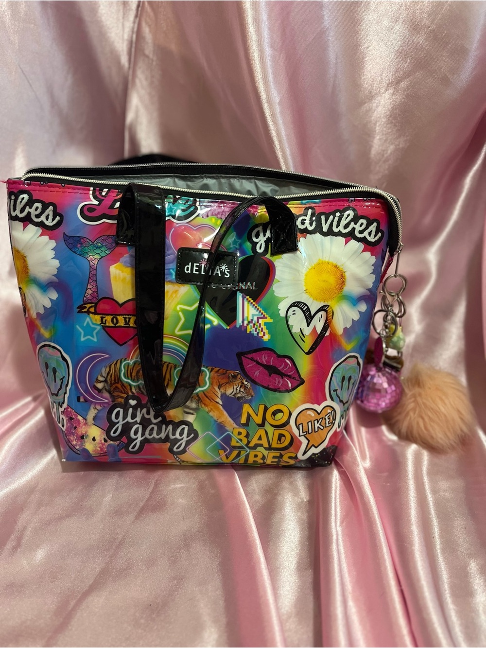 dELiA*s Rainbow Graphic Tote with Black Patent Handles and Charm